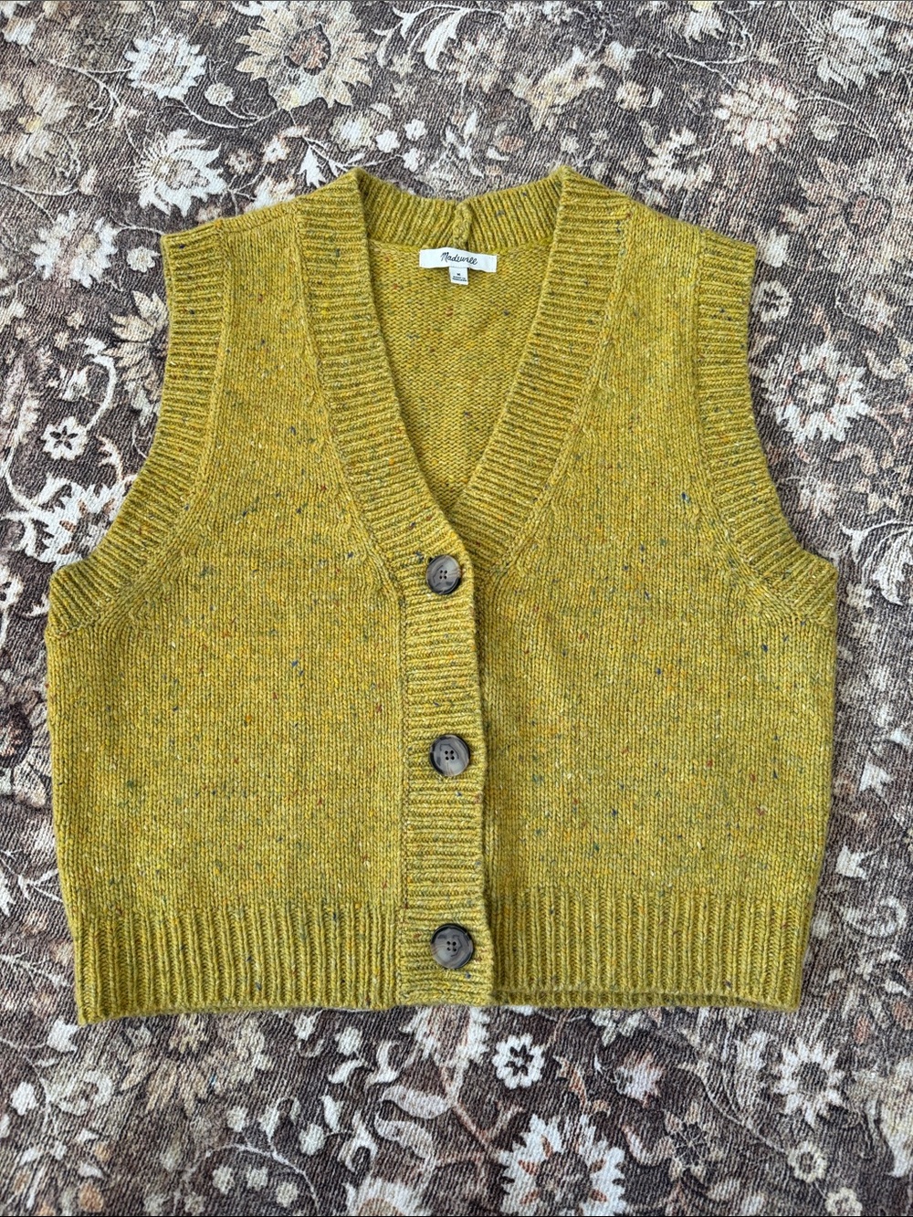 Madewell Mustard Tweed Button-Front V-Neck Sweater Vest